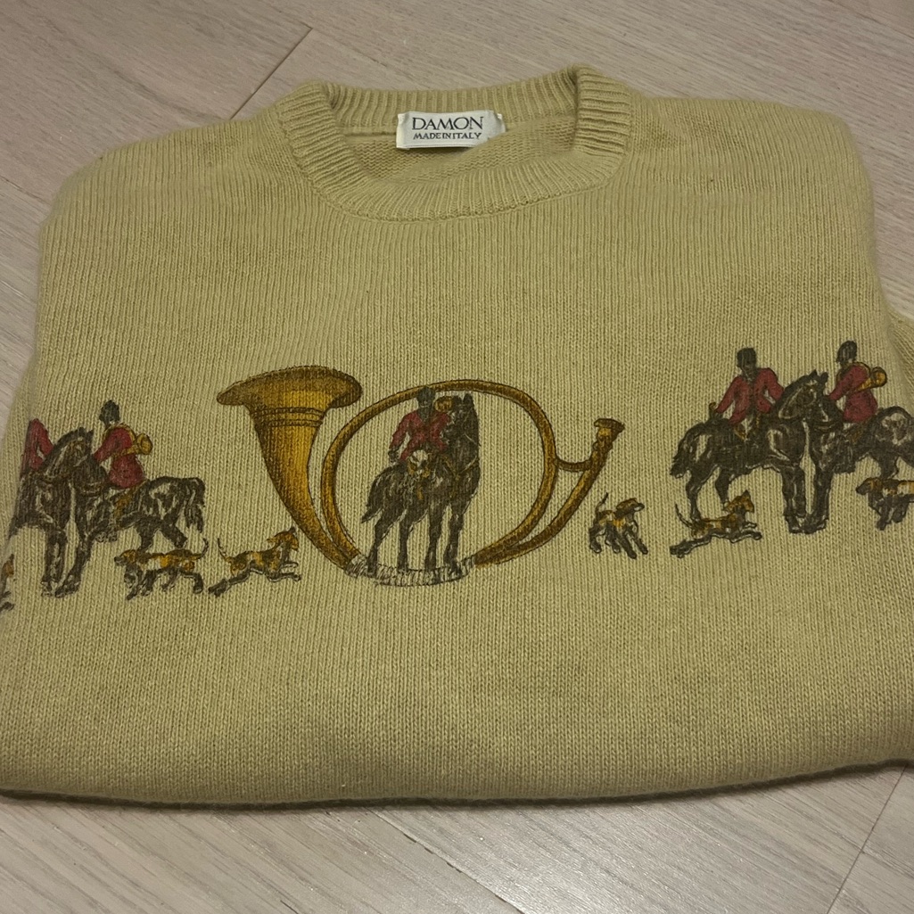 Damon Vintage 70s Wool Beige Sweater With Equestrian Design